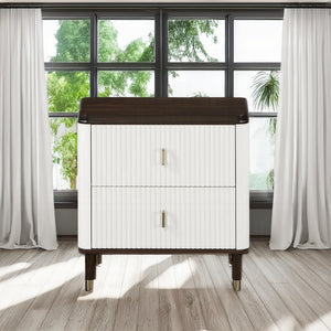 English Elm White White and Brown 2-Drawer Nightstand with USB Port, Beveled Mirror, Metal-Capped Legs, Spacious Storage B062P209003