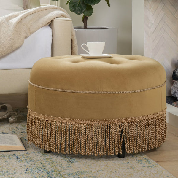 English Elm Jennifer Taylor Home - Yolanda 24" Round Velvet Accent Ottoman In Gold Yellow With Luxurious Trim For Stylish Living Spaces B2719P238165