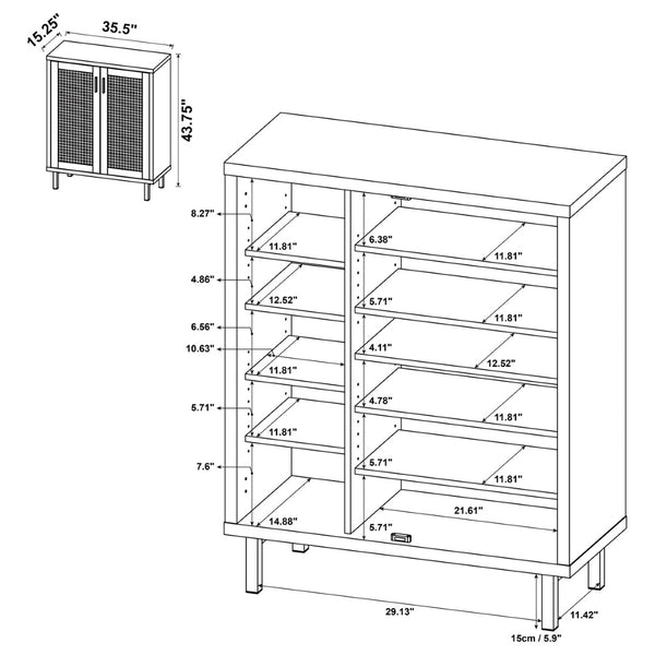 English Elm Stagg Oak Finish Shoe Cabinet with Cane Doors and Black Metal Legs for Entryway B062P451792