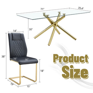 English Elm Table Set: Modern 9-Piece Luxurious Transparent Glass Dining Set With 8 Black Pu Chairs & Gold Legs W1151S02590-GIGA