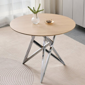 English Elm 37inch Round Dining Table Warm Wood Grain Top Silver Tripod Base Seats Four W3357P395501
