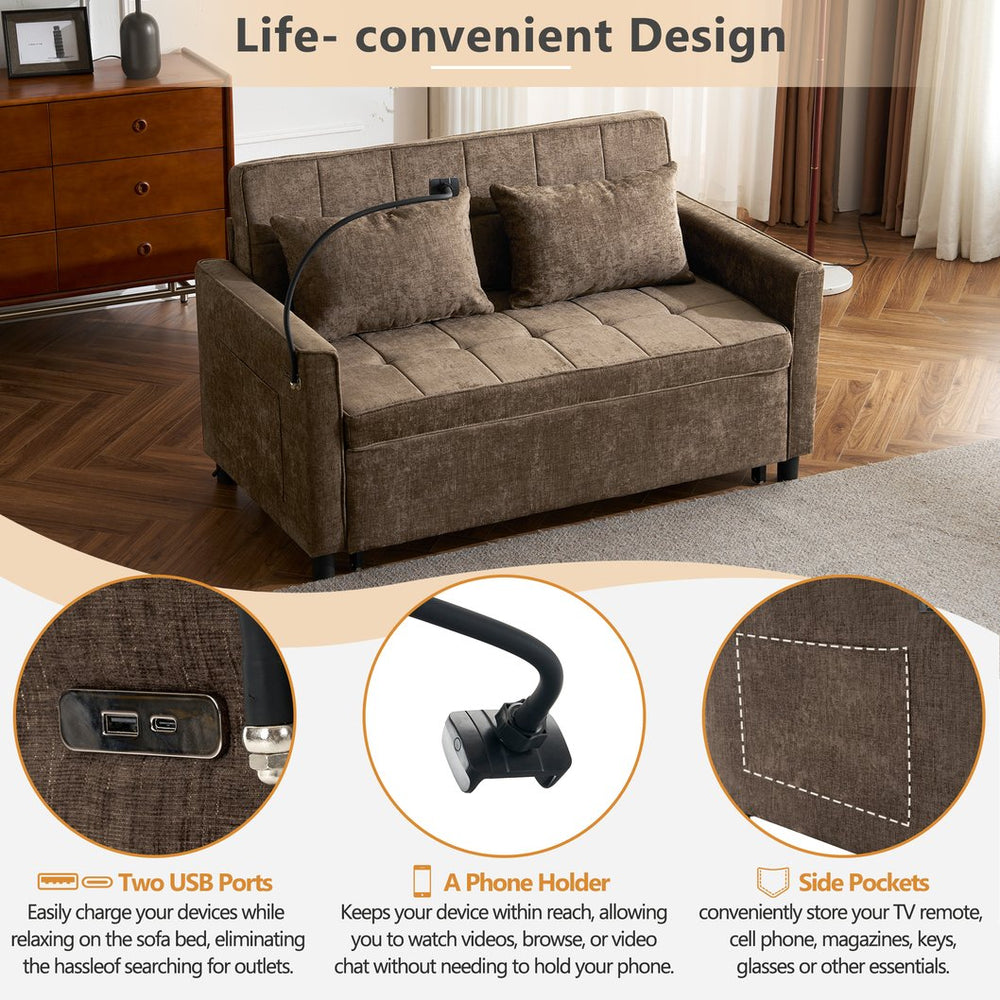 English Elm 56.9" Loveseat Sofa Bed with Chenille Upholstery, USB Ports, Phone Holder, Side Pockets, Reclining Backrest Brown N719P208853D
