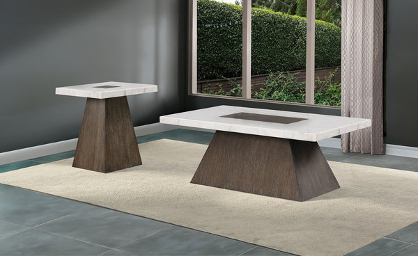 English Elm Square Grasten End Table 22" Square Marble Top Wood Base Tapered Legs Dark Walnut White Finish B2741P360172