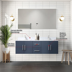 English Elm Navy Blue Double Bath Vanity Set With Carrara Marble Top, Led Mirror & Faucet For Modern Elegance B2731S00988