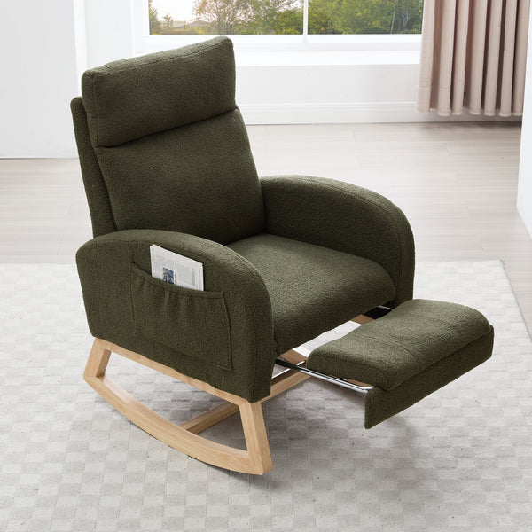 English Elm 015B-Teddy Rocking Chair with Plush Teddy Fabric, Ergonomic High Back, Adjustable Footstool, Pocket Green W527P360695
