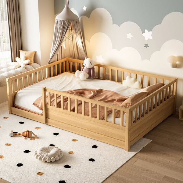 English Elm Twin Montessori Floor Bed Solid Pine Frame with Safety Fence Door for Kids Play Space Natural W1858P382402