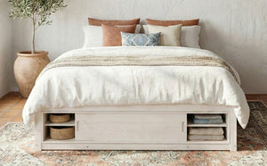 English Elm Queen Platform Bed with Four Storage Drawers Footboard Cubby Modern Low Profile Frame White LP000138AAK