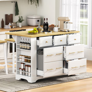 English Elm K&K Rustic Kitchen Island Cart with 6 Drawers, Pull-Out Trash Cabinet, Drop Leaf & Built-In Charging Station White N707P307292W