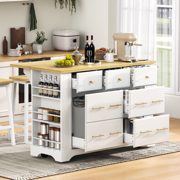 English Elm K&K Rustic Kitchen Island Cart with 6 Drawers, Pull-Out Trash Cabinet, Drop Leaf & Built-In Charging Station White N707P307292W