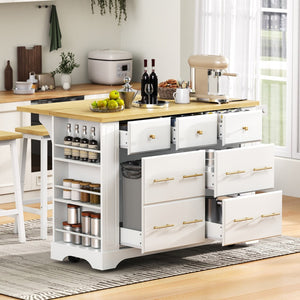 English Elm K&k Rolling Kitchen Island Six Drawers Drop Leaf Built-in Charging Vintage Style White N707S307292W