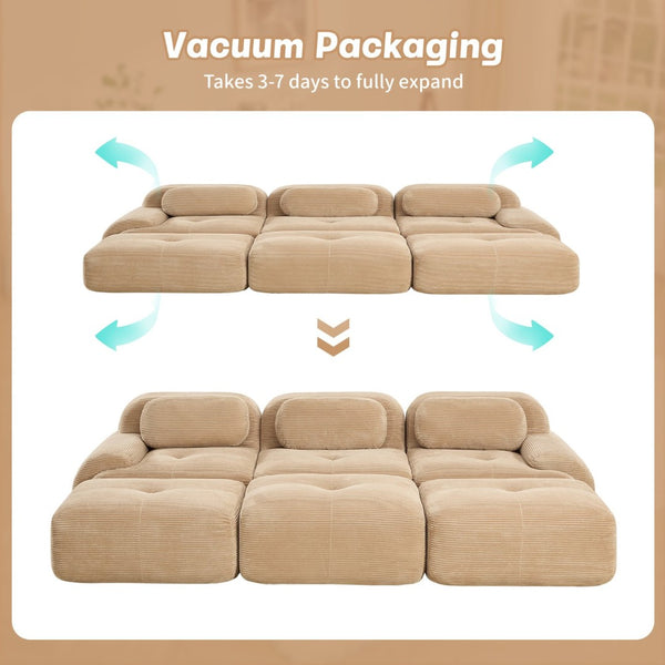 English Elm Three-seat Modular Corduroy Sectional Sofa with Ottomans for Living and Media Rooms Camel W714S01242