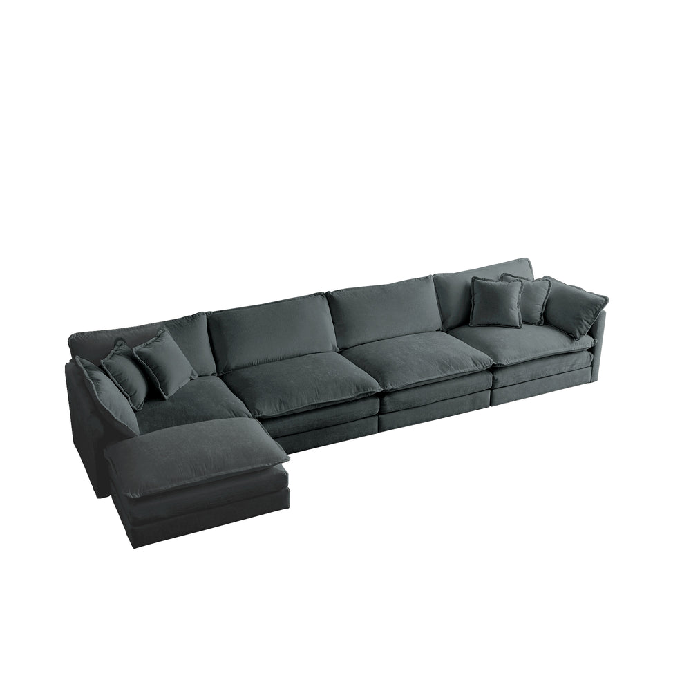 English Elm Modular Sectional Sofa with Ottoman - U-Shaped 5-Seater Convertible Chenille Couch, Solid Wood Frame Gray W714S00992