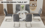 English Elm 1 Table and 6 Chairs Set.63"X35.4 Rectangular Transprant Tempered Glass Dining Tabletop With White Mdf Oc Shaped Bracket.Paried With 6 Dark Gray High-Quality Pu Chairs With Silver Metal Legs.