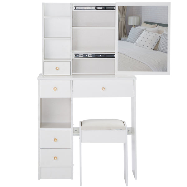 English Elm 29.2" Compact Vanity Set With Sliding Mirror, Cushioned Stool, And Multi-Layer Storage For Small Spaces W3258P299609