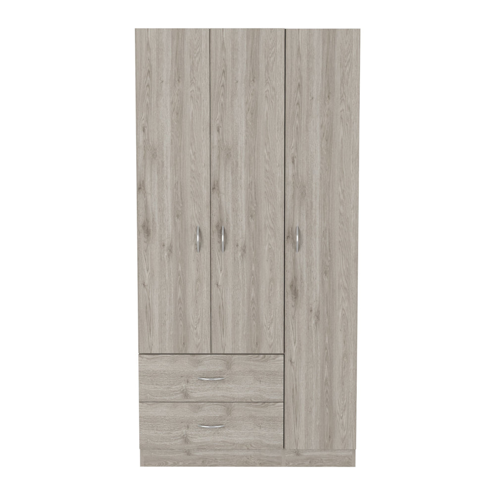 English Elm Austral 3 Door Armoire with Two Drawers, Five Shelves and Hanging Rod — Smokey Oak Finish for Organized Rooms and Bedrooms Light Gray 39 L x 22 W x 3 H B200S00362