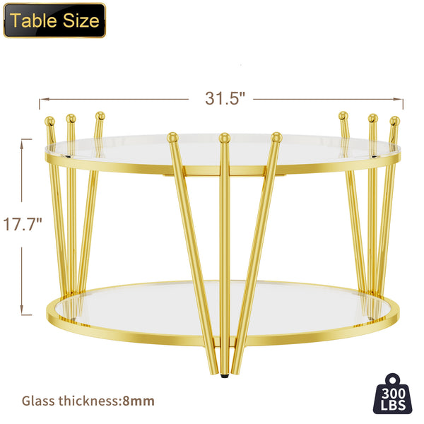 English Elm 31.5inch Modern Luxury Gold Coffee Table with Two-Tier Storage, Tempered Glass Top, Elegant Crown Design Clear W1550P171448
