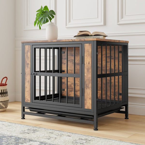 English Elm Dog Crate Furniture Wooden Kennel with Iron Frame Dual Sliding Doors Indoor Side Table W840P203065