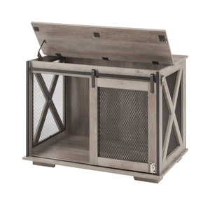 English Elm Farmhouse Dog Cage Crate Furniture with Sliding Barn Door, Secure Metal Latch, Flip-Up Top Access and Removable Divider for Small to Large Dogs (40.94x30.51x6.69) Gray Wash W2275P164727