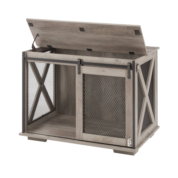 English Elm Farmhouse Dog Cage Crate Furniture with Sliding Barn Door, Secure Metal Latch, Flip-Up Top Access and Removable Divider for Small to Large Dogs (40.94x30.51x6.69) Gray Wash W2275P164727