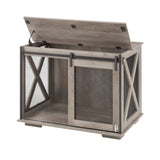 English Elm Farmhouse Dog Cage Crate Furniture With Sliding Barn Door, Farmhouse Wooden Dog Kennel End Table With Flip-Top Plate Dog House With Detachable Divider For Small/Medium/Large Dog Gray