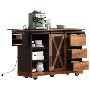 English Elm K&K 55.5" Farmhouse Kitchen Island with Sliding Barn Door, Drop Leaf, Charging Station, Wheels Black N707P288229B