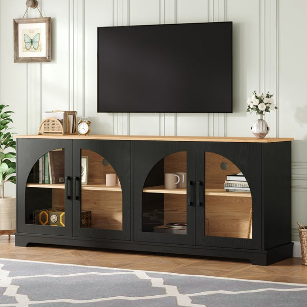 English Elm Farmhouse Media Console with Arched Glass Doors Wood Grain Two Tone Living Room Storage Black N721P411204B