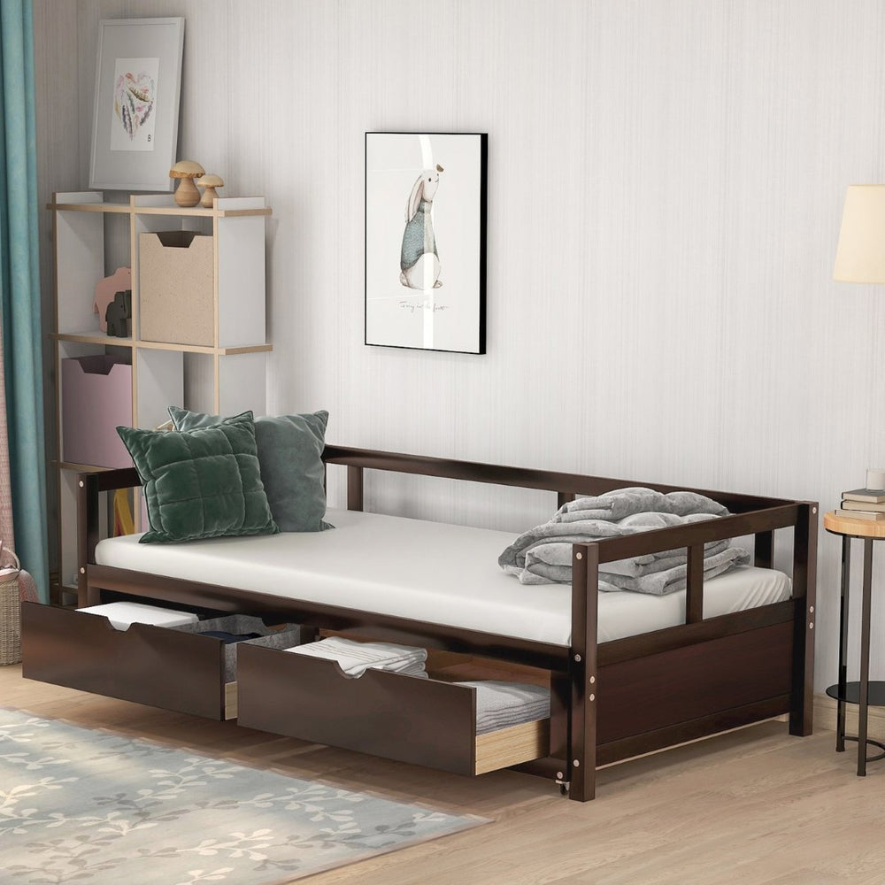English Elm Wooden Twin to King Daybed with Trundle and Storage Drawers for Guest Rooms Espresso N708P336539P