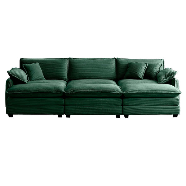 English Elm Oversized Modular Cushioned Sofa With 3 Ottomans - Transformable Sleeper & Stylish Green Corduroy W714S00739-GIGA