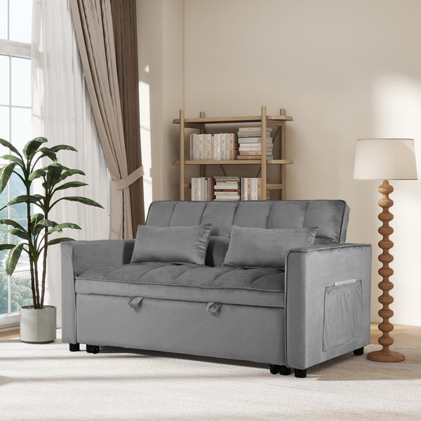 English Elm Convertible Sofa Bed Plush Velvet 3-in-1 Pull-Out Sleeper Loveseat with Hidden Strap & Pillows, Compact Dark Gray W2941P306500