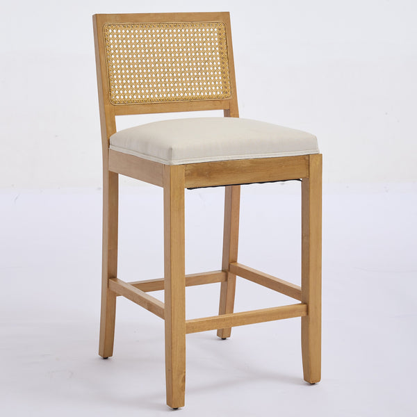 English Elm Full Solid Wood Rattan-Back Bar Stools Set Of 2 - Stylish Beige Cushions For Rustic Kitchen & Café W1143P384367
