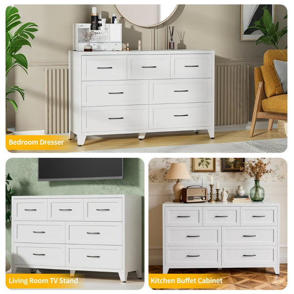 English Elm 7-drawer Steel Dresser Wide Low Profile White Cabinet for Bedroom or Entryway T2398P498867