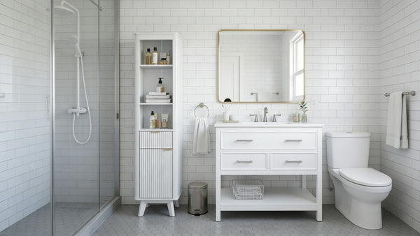 English Elm 68" Tall Fluted Freestanding Storage Cabinet with Drawer and Adjustable Shelf for Bathroom White N817P375218W