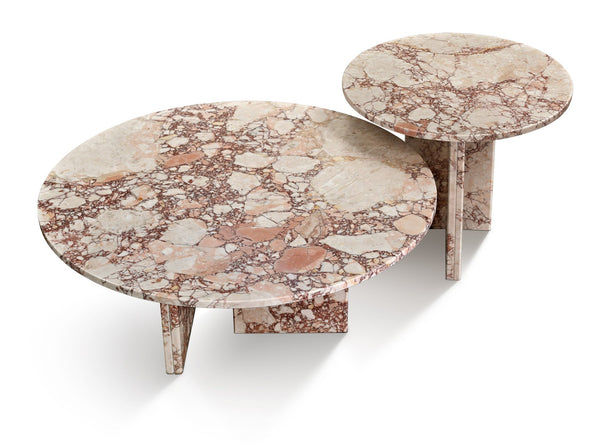 English Elm Pink Marble Nesting Coffee Tables Set — 45cm & 70cm Natural Stone Round Tables for Layered Living Rooms (39x36.6x14) W1696S00004