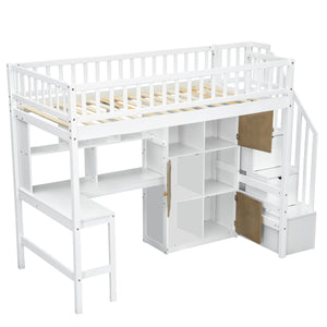 English Elm Wood Twin Loft Bed with Built-In L-Desk, LED Lighting, Staircase Storage, Shelves & Cabinets White N7090000470K