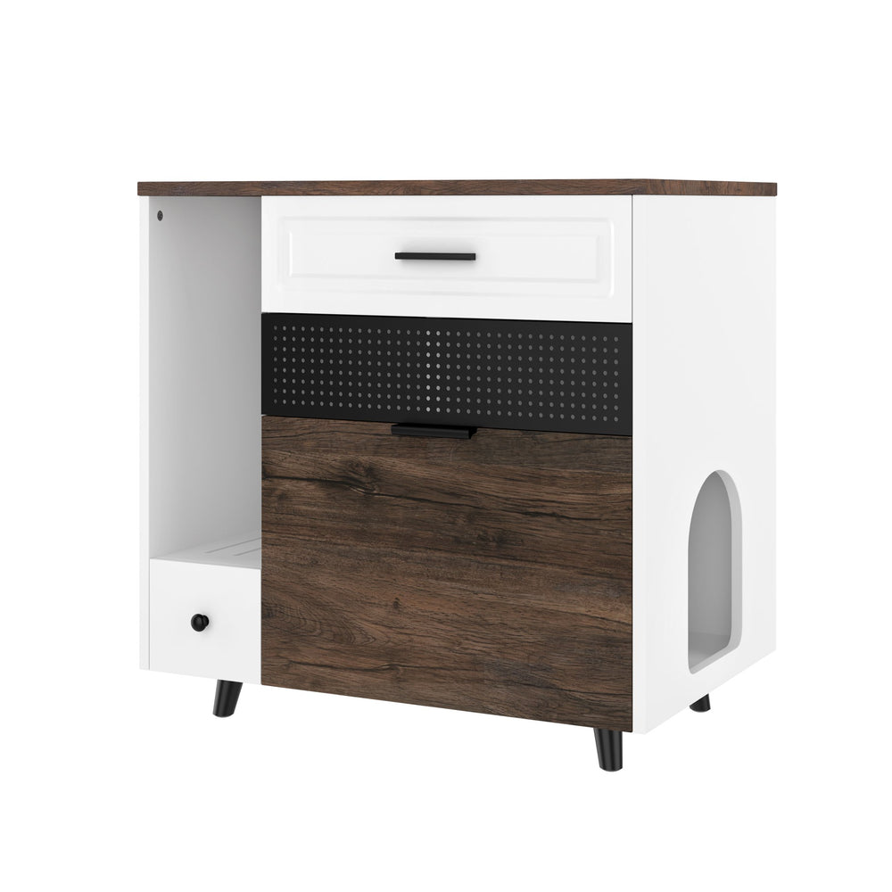 English Elm Cat Hidden Litter Box Furniture with 2 Drawers & Door, MDF Cat House End Table for Living Room, White/Brown N704P287849D