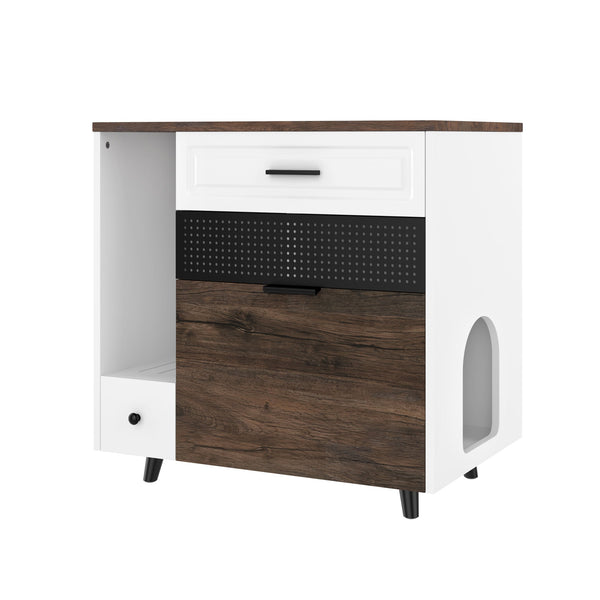 English Elm Cat Hidden Litter Box Furniture with 2 Drawers & Door, MDF Cat House End Table for Living Room, White/Brown N704P287849D