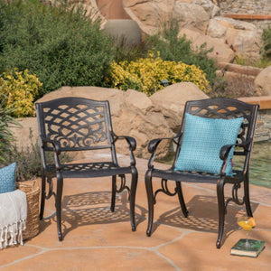English Elm Phoenix Cast Aluminum Outdoor Dining Arm Chairs Ornate Lattice Scroll Garden Patio Set Copper N776P381164C