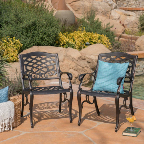 English Elm Phoenix Cast Aluminum Outdoor Dining Arm Chairs Ornate Lattice Scroll Garden Patio Set Copper N776P381164C