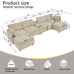 English Elm 154" Corduroy U-shaped Sectional with Ottomans Six Seat Modular Cloud Sofa Usb Console Beige W1998S00101
