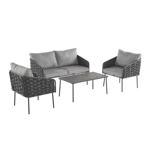 English Elm Christopher Knight Home® - 4-Pieces Outdoor Metal Patio Furniture Set with Deep-Seat Cushions, Teslin Rope, Wood-Look Tabletop, Rust-Resistant Frame Grey N780P2540701G