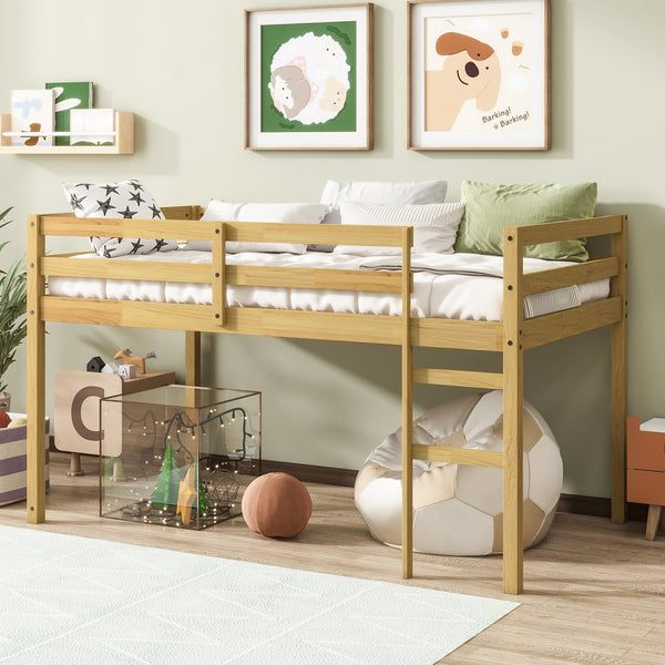 English Elm Solid Twin Loft Bed with Ladder and Reinforced Slats for Storage-Friendly, Space-Saving Bedrooms Natural W504P190954