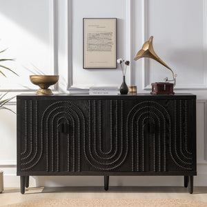 English Elm Modern Black Sideboard Cabinet with Nailhead Detail, 4-Door Stylish Storage for Dining & Entryway W2729P198993