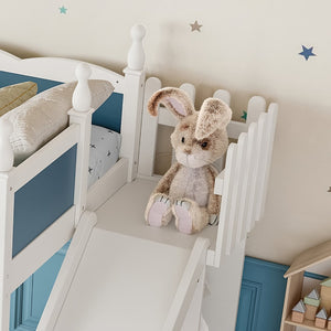 English Elm Twin Loft Bed Solid Pine Frame with Wardrobe Shelving Detachable Slide Kids Room White+Blue W5305S00019