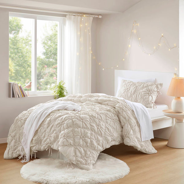 JLA Home Intelligent Design - 2PCS Floral Comforter Set with Puffy Quilting, Bow-Tie Accents & Brushed Microfiber for All-Season Coziness Ivory ID10-2479