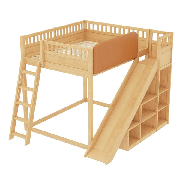 English Elm Full Size Kids Loft Bed Pine Frame Upholstered Headboard Built in Slide and Storage Shelves Natural W1580S00306