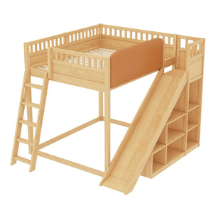 English Elm Full Size Kids Loft Bed Pine Frame Upholstered Headboard Built in Slide and Storage Shelves Natural W1580S00639