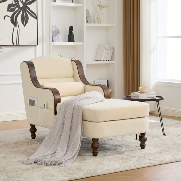 English Elm UNITED Oversized Chaise Lounge Sofa Bed with Solid Wood Arms, High-Resilience Foam, 800lb Capacity and Storage Pockets Beige W1568S00212
