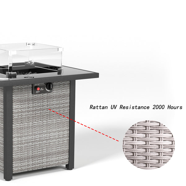 English Elm 28 28 Inch Propane Fire Pit Table with 50,000 BTU Stainless Burner, Rattan Look, Tempered Glass Top & Windscreen Grey+White W861P211924