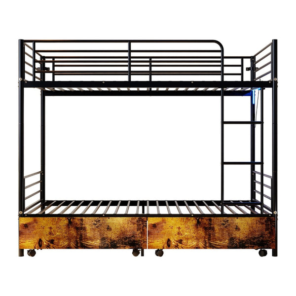 English Elm Bunk Bed Twin Iron Frame with Usb Charging Built in Guardrail and Convertible Design W3752P430830
