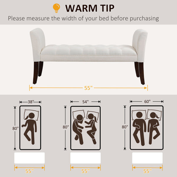 English Elm HOMCOM Tufted Upholstery Bench with Arms — Plush Linen-Feel Seat, Solid Wood Legs, Versatile Entryway seating solution Cream White W2225P217027